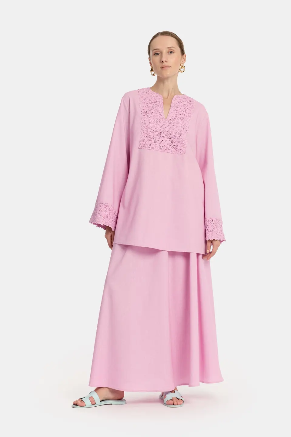 Linen Lace Skirt Set - Purple Pink