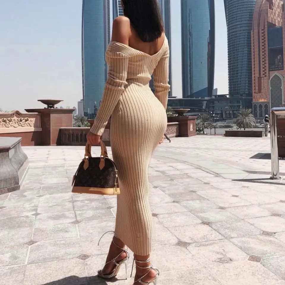 RIBBED V-HALS DRESS BEIGE
