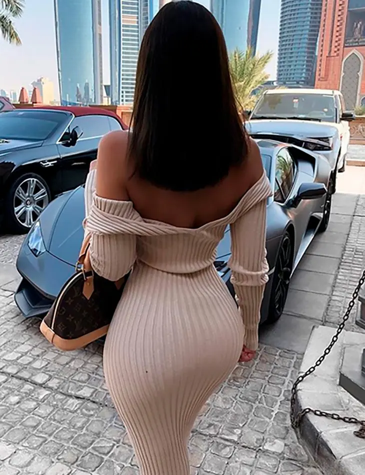 RIBBED V-HALS DRESS BEIGE