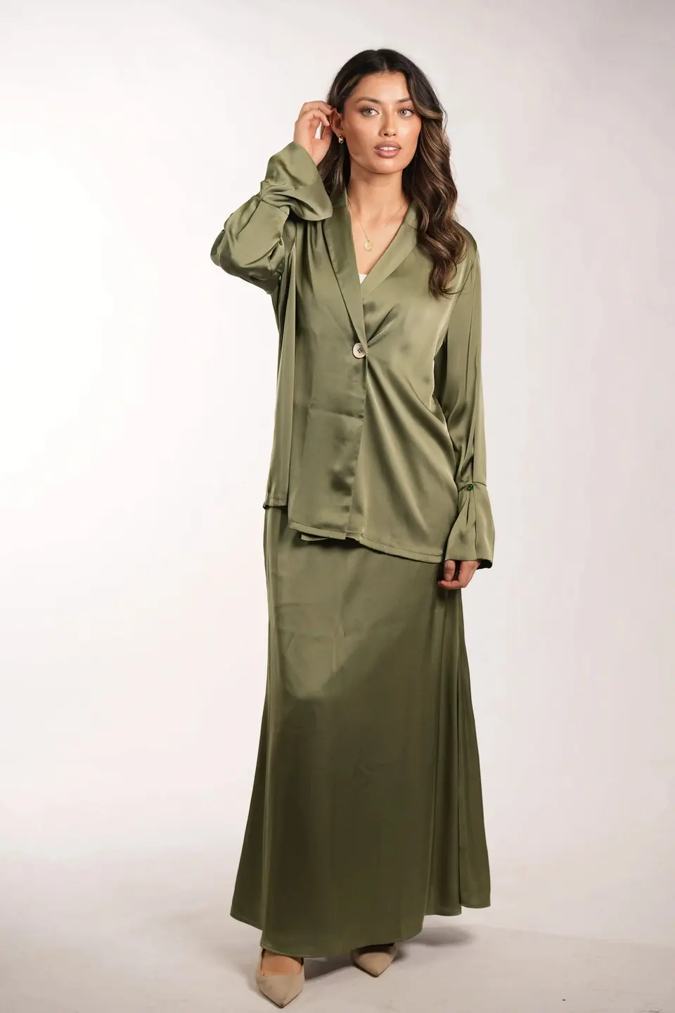 satin silk cardigan - olive