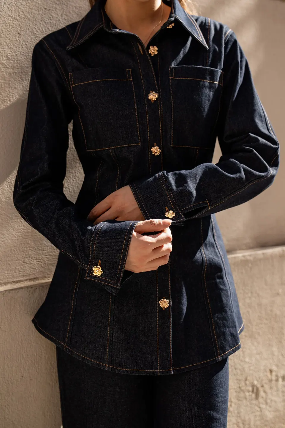 denim gold button shirt