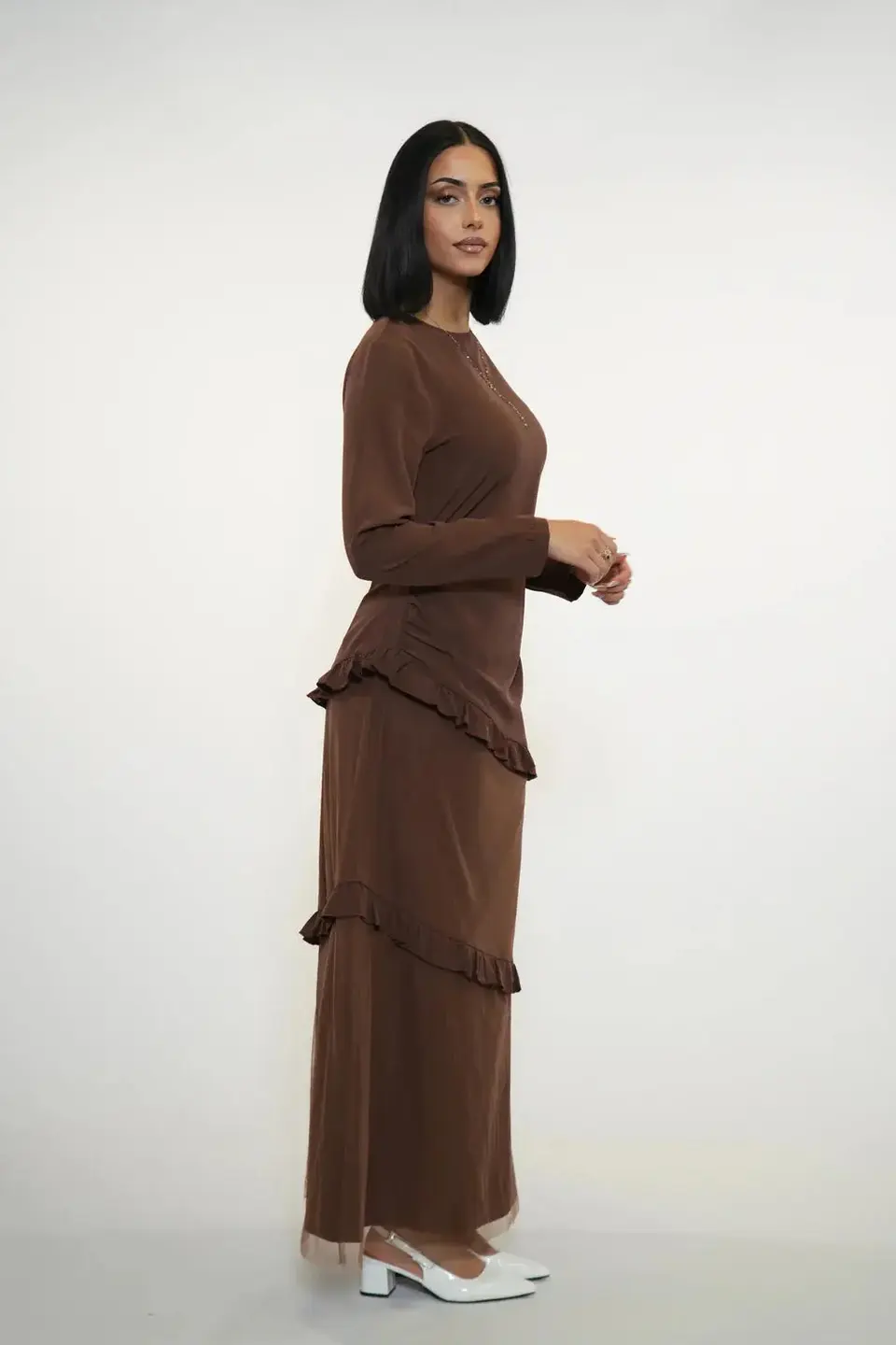 ROMANCE RUFFLE DRESS - ESPRESSO