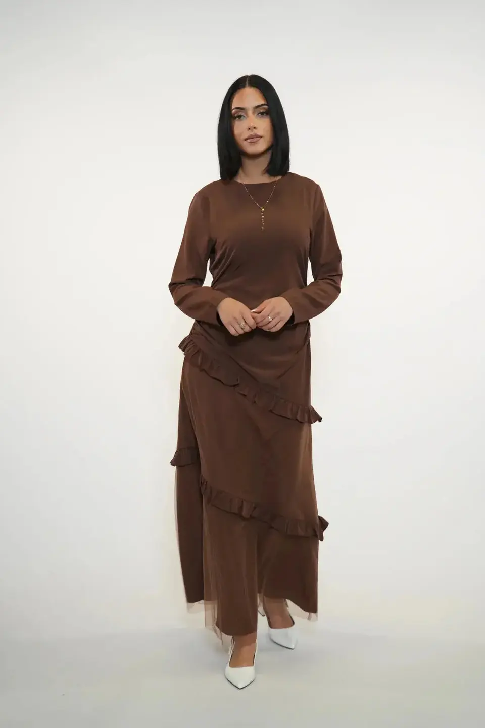 ROMANCE RUFFLE DRESS - ESPRESSO