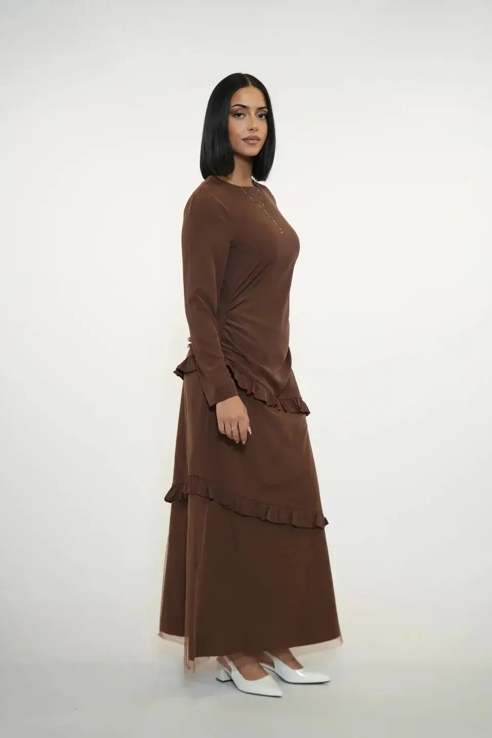 ROMANCE RUFFLE DRESS - ESPRESSO