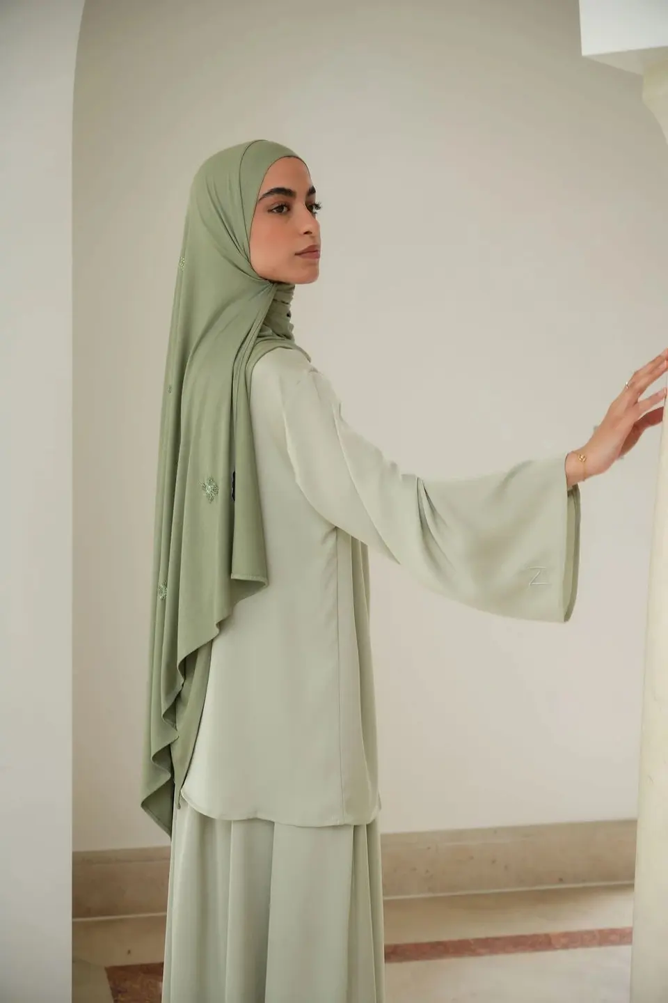 Draped Satin Twinset Sage Green