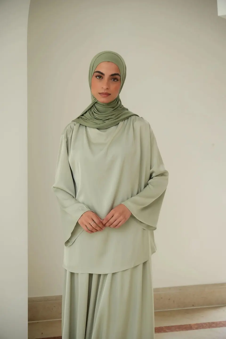 Draped Satin Twinset Sage Green