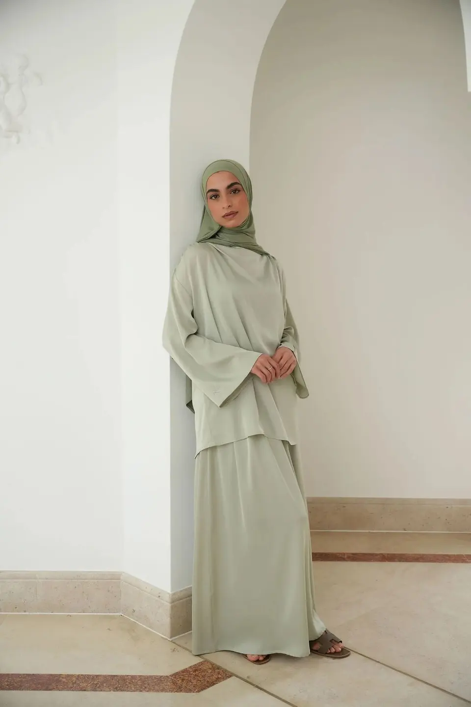 Draped Satin Twinset Sage Green