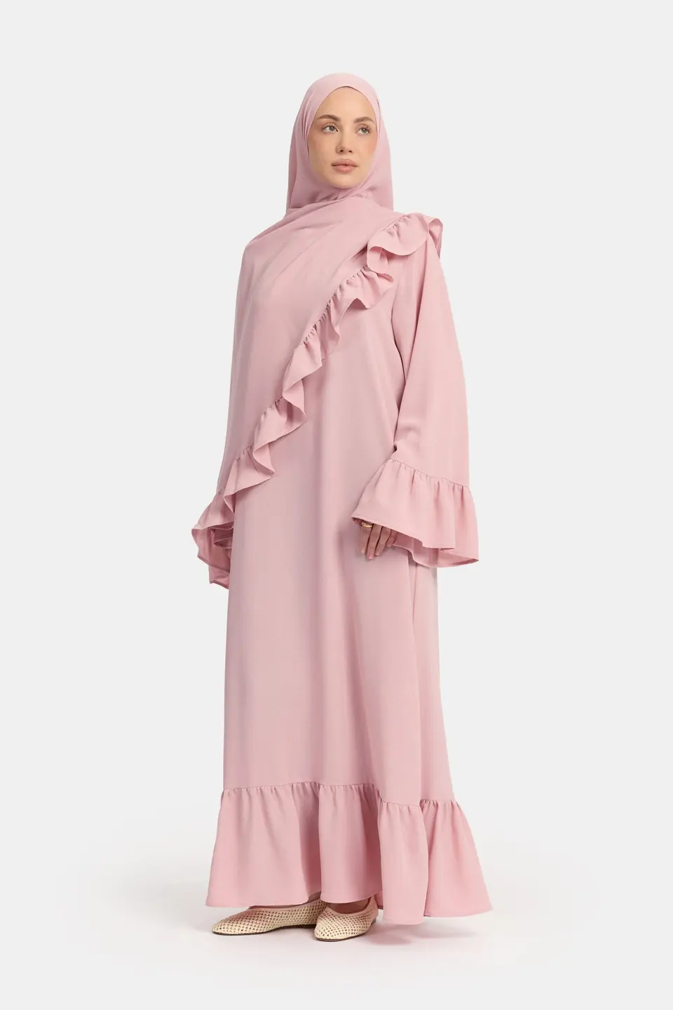 Lightweight stretch Ruffle abaya Rose