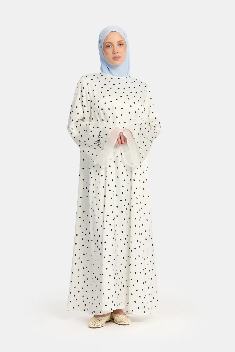 Soft dot Double sleeve abaya White