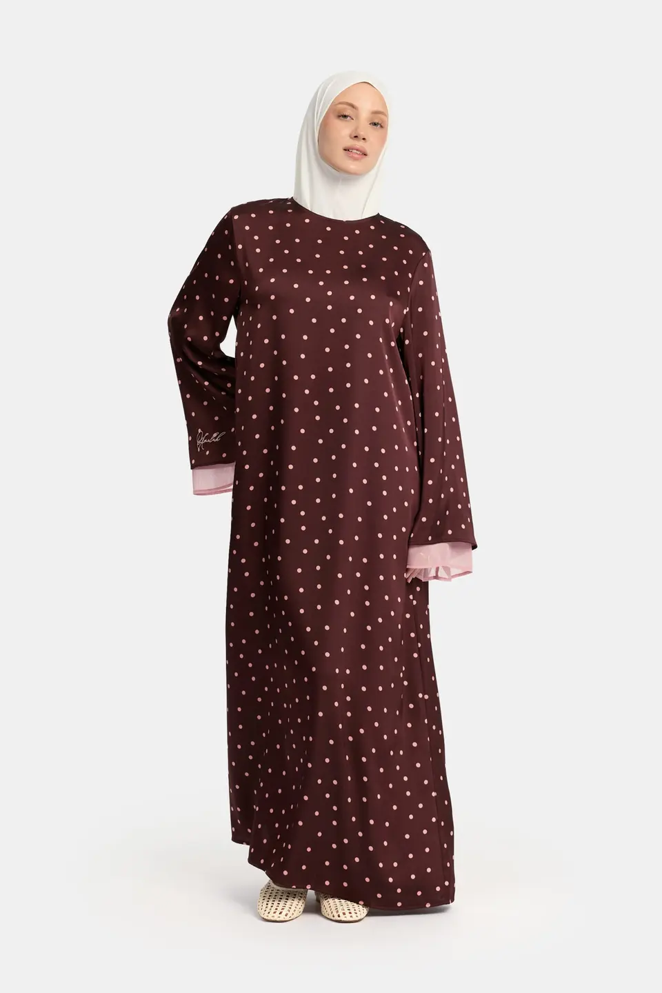 Soft dot Double sleeve abaya Brown