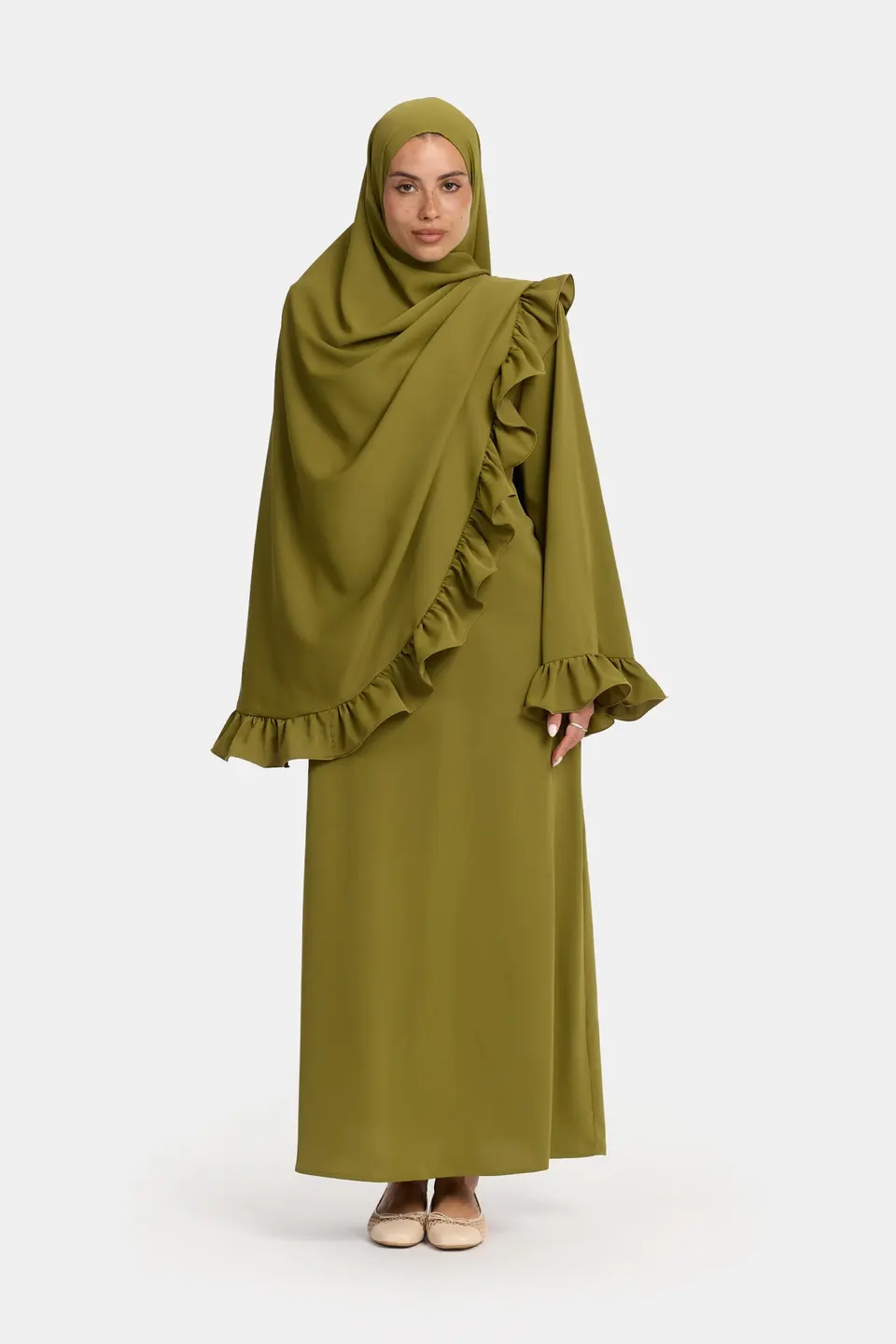 Nidha flounce abaya Olive Leaf