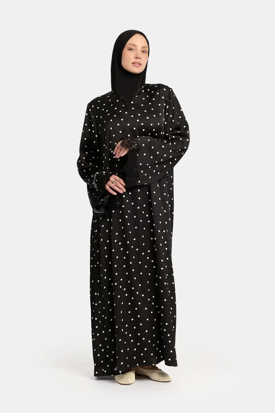 Soft dot Lace wavy edge Abaya Black