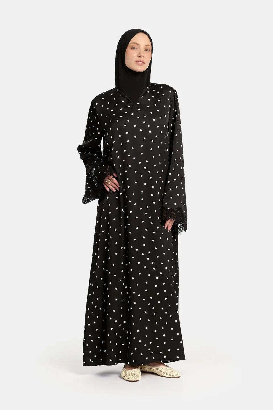 Soft dot Lace wavy edge Abaya Black