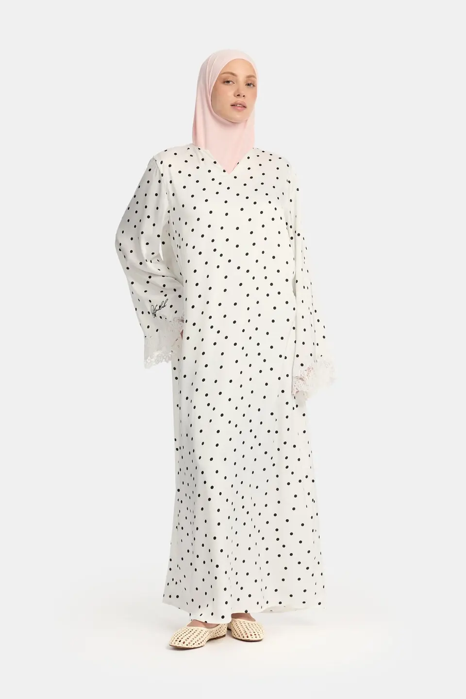 Soft dot Lace wavy edge abaya White