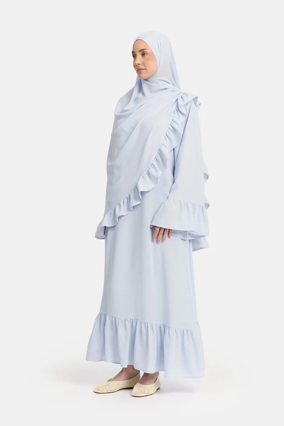 Lightweight stretch Ruffle abaya Ice Blue