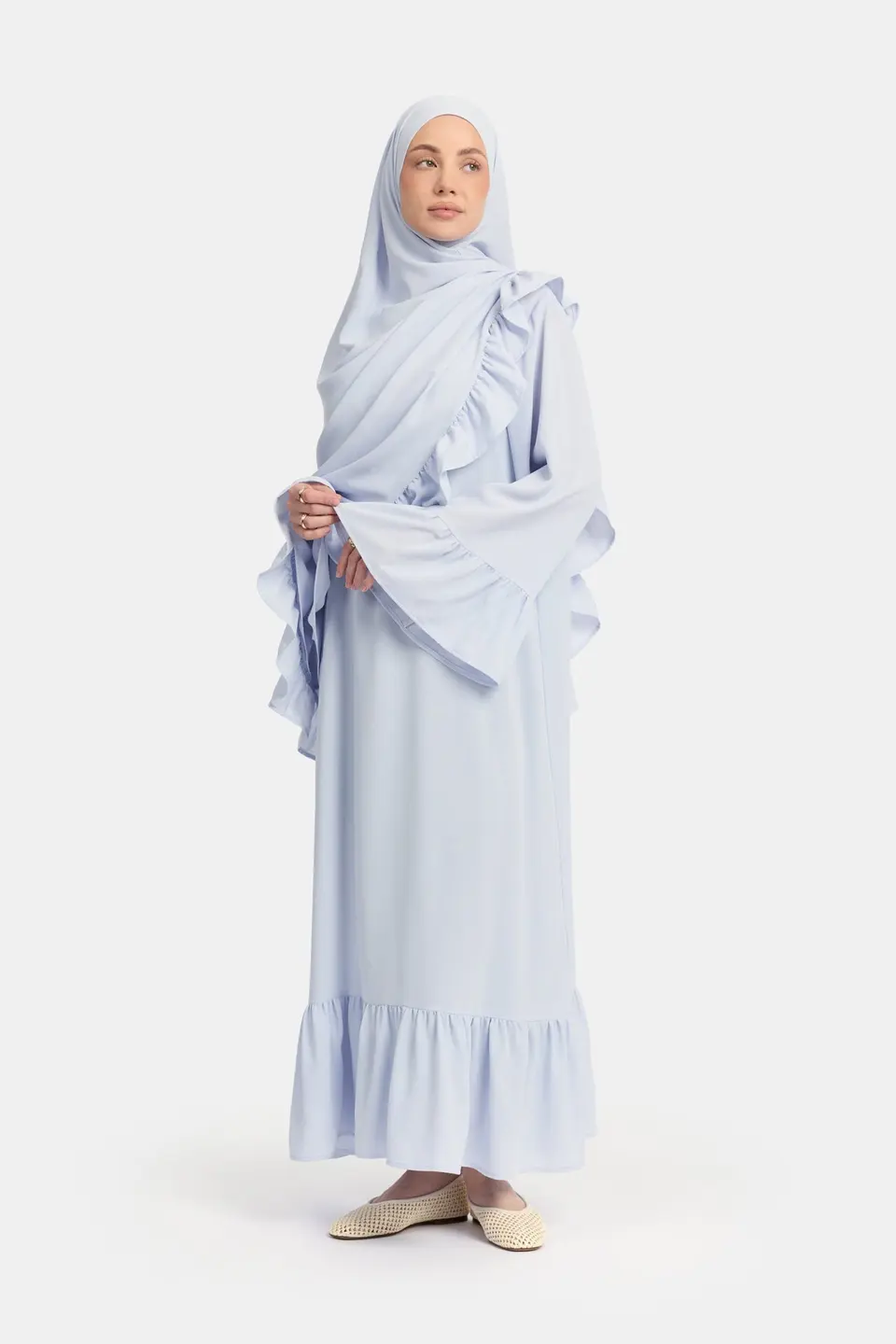 Lightweight stretch Ruffle abaya Ice Blue