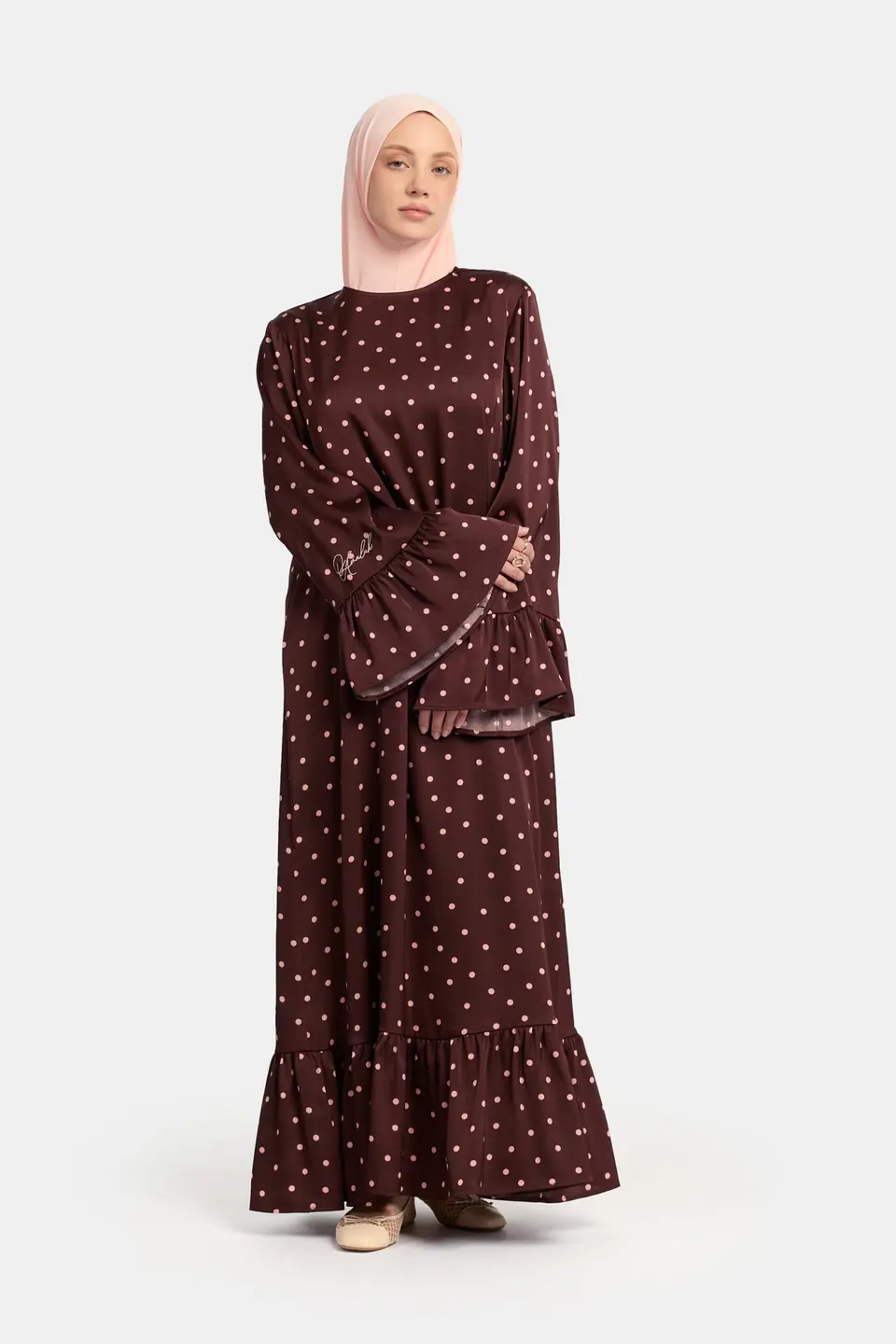 Soft dot Ruffle abaya Brown