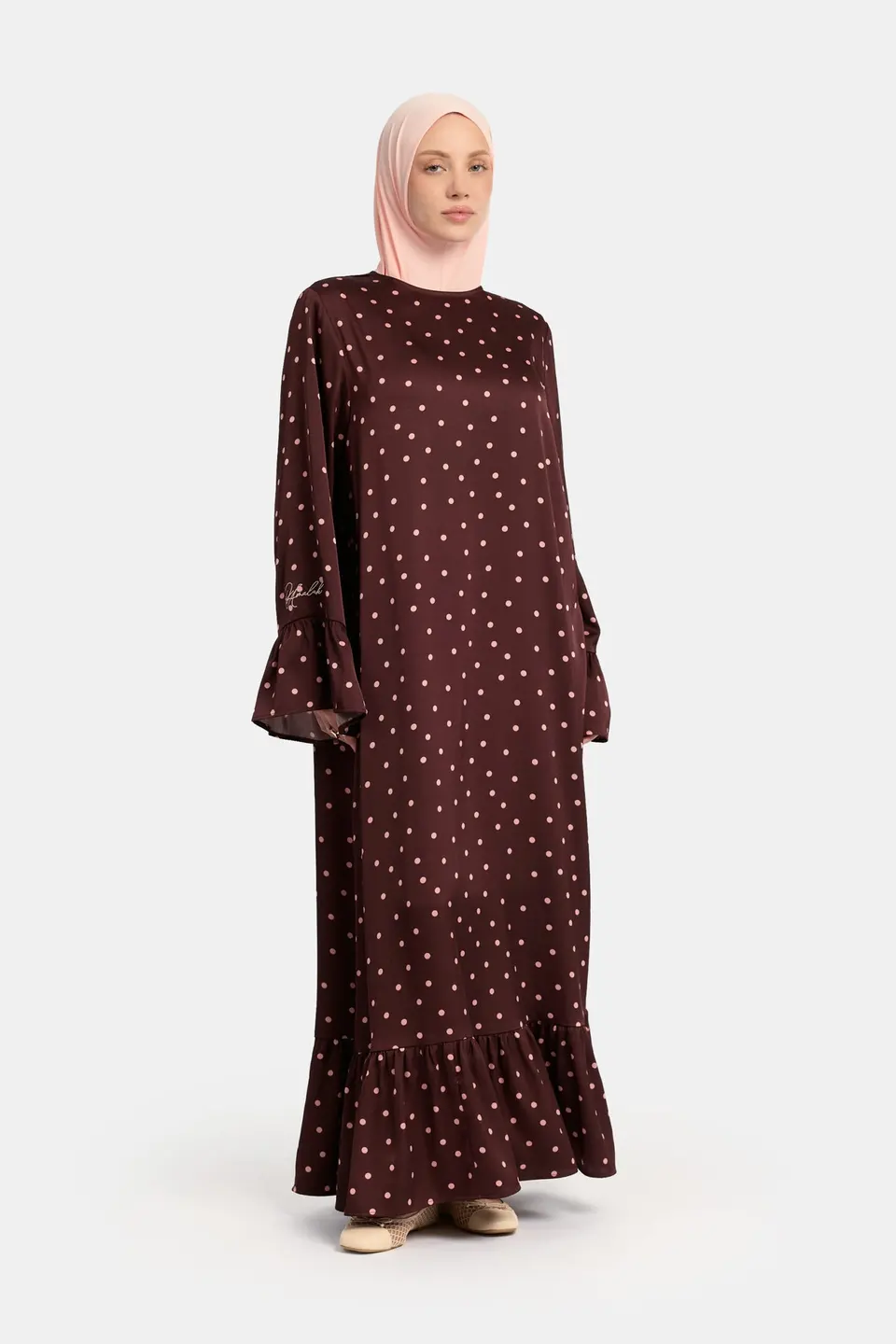 Soft dot Ruffle abaya Brown