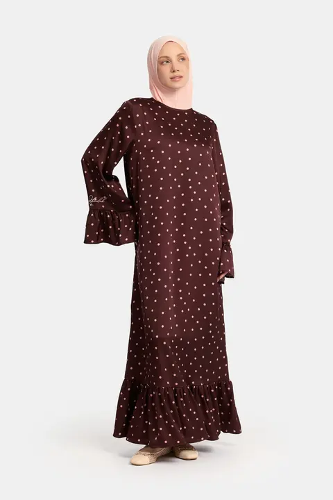 Soft dot Ruffle abaya Brown