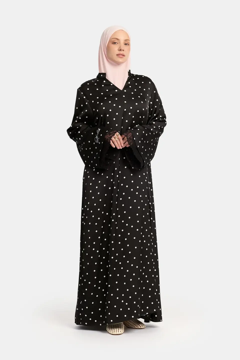 Soft dot Double lace sleeve abaya Black