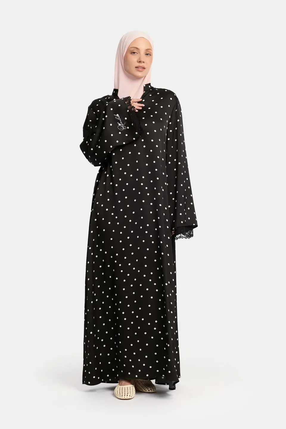 Soft dot Double lace sleeve abaya Black