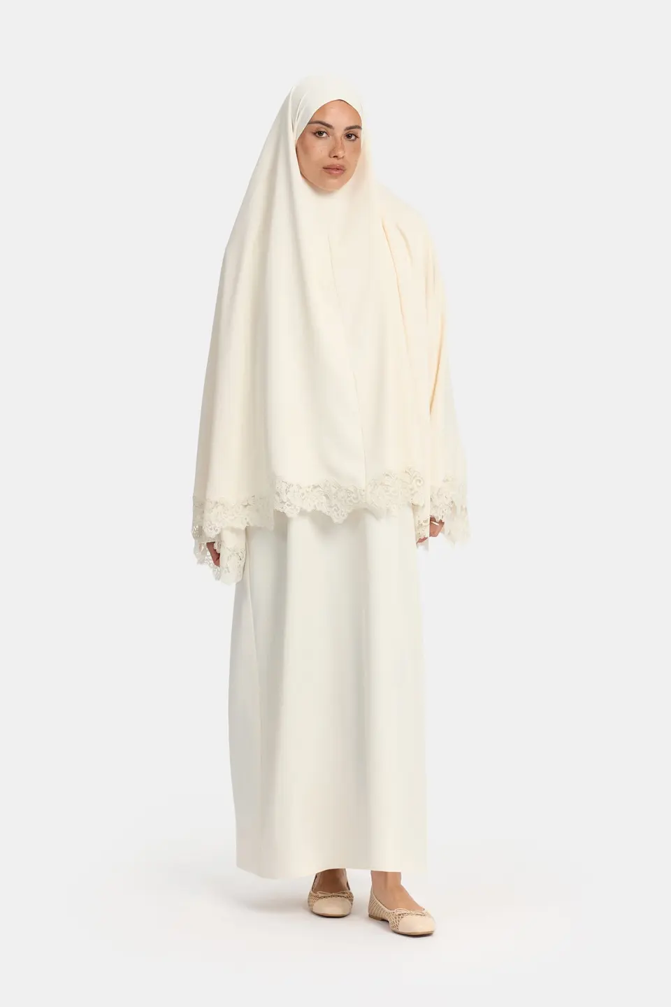 Lace khimar wavy edge Cream