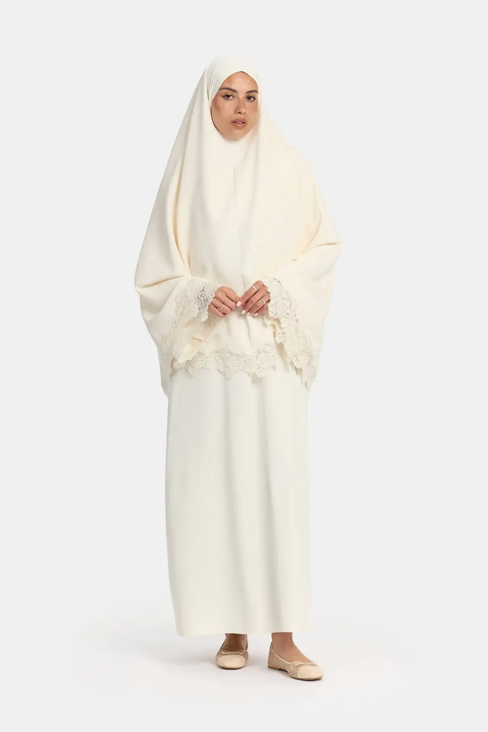 Lace khimar wavy edge Cream