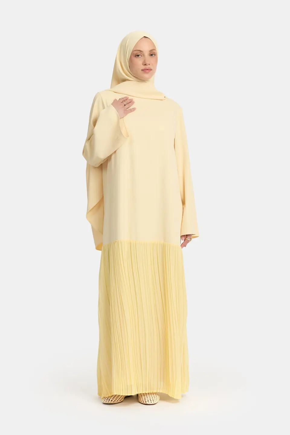 Pleated skirt abaya Pastel Yellow