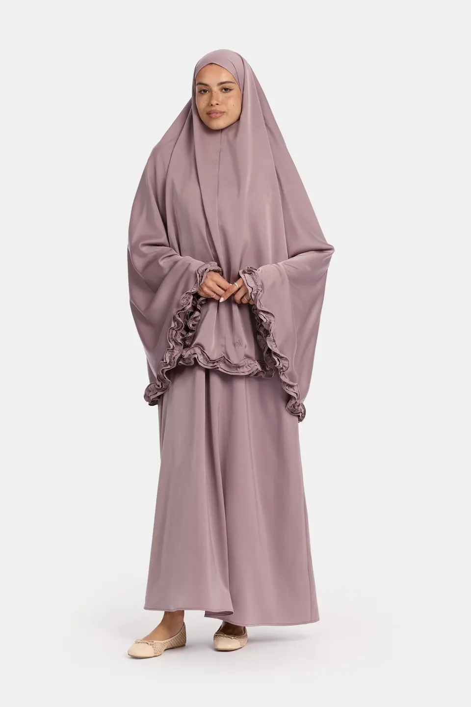 Satin khimar wavy ruffle Taupe Purple