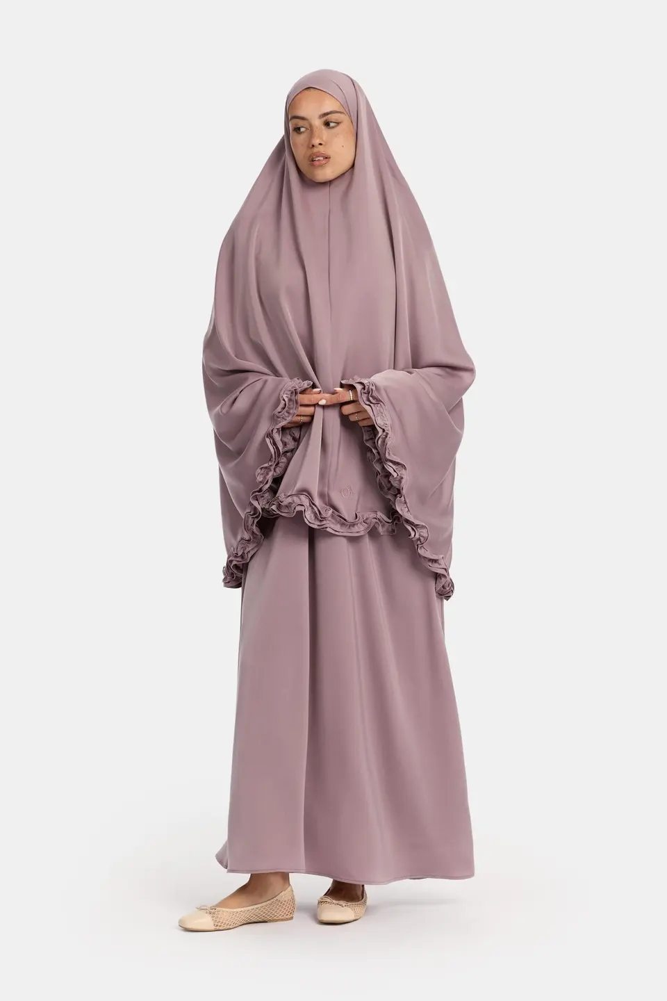 Satin khimar wavy ruffle Taupe Purple