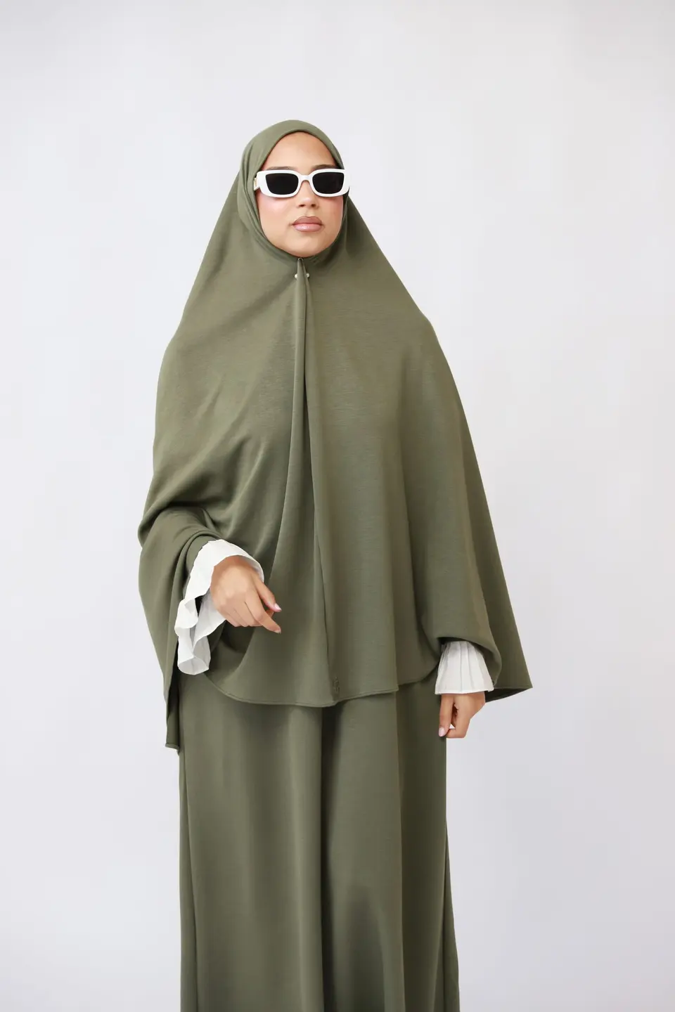 FlOWY SLEEVE ABAYA SET- OLIVE GREEN