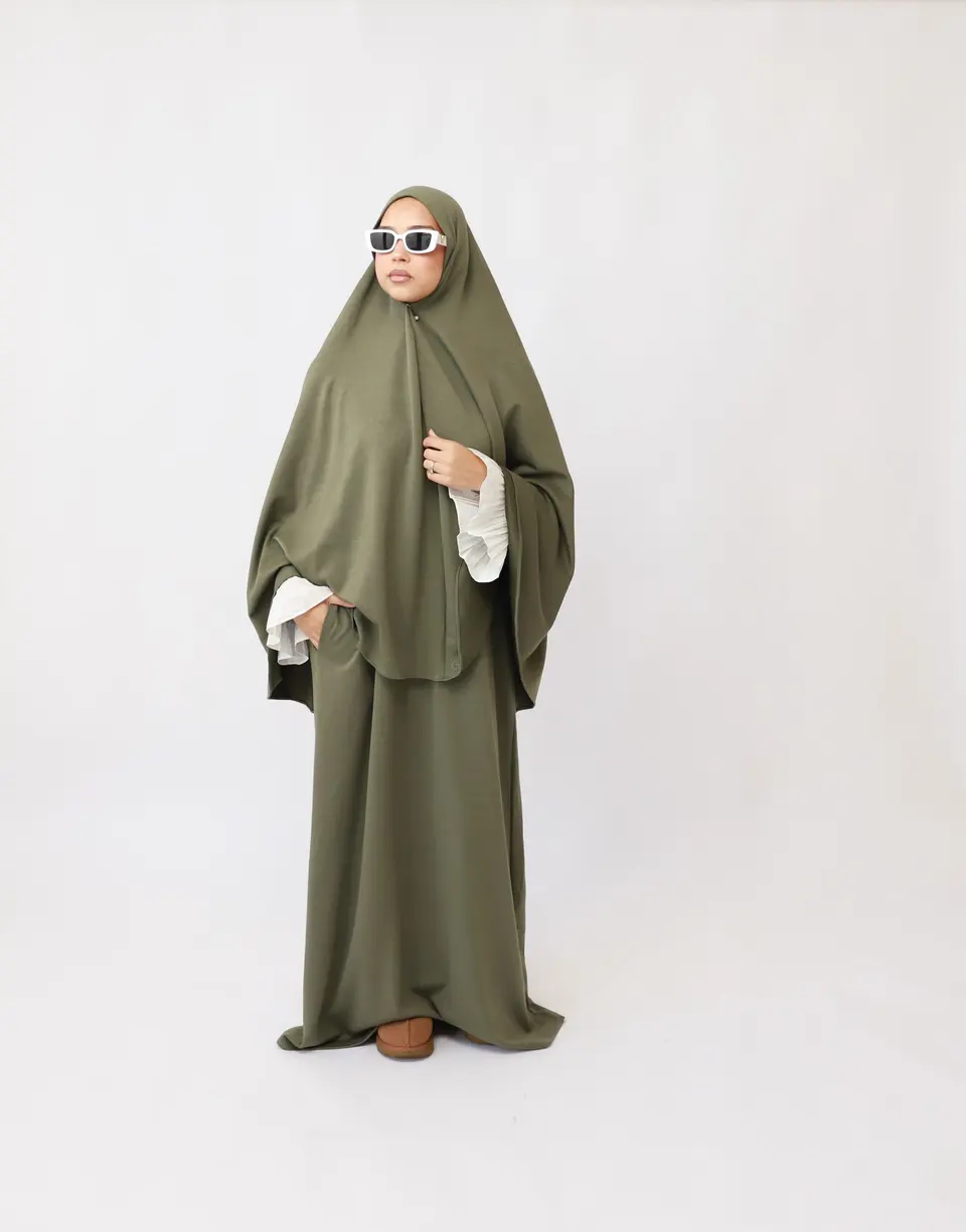 FlOWY SLEEVE ABAYA SET- OLIVE GREEN
