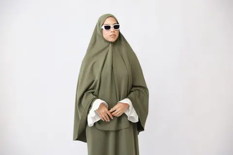 FlOWY SLEEVE ABAYA SET- OLIVE GREEN