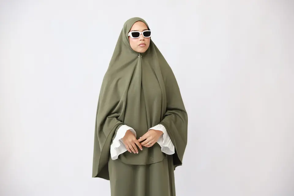 FlOWY SLEEVE ABAYA SET- OLIVE GREEN